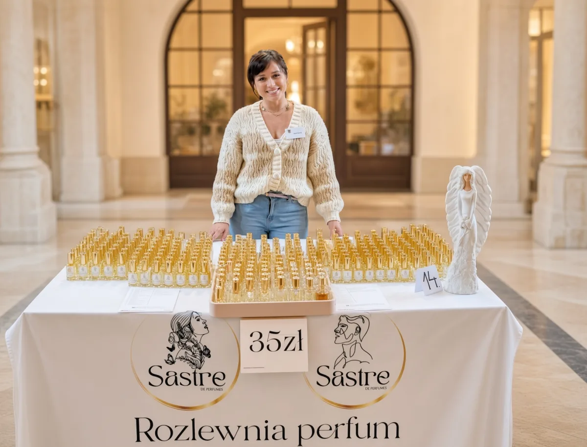 Nasza rozlewnia perfum Sastre – stoisko z flakonami